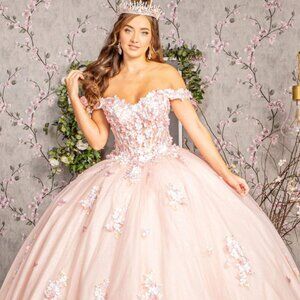 NEW CUT-AWAY SHOULDER NECKLINE MESH GOWN EMBROIDERED WITH FLORAL APPLIQUE GL3182